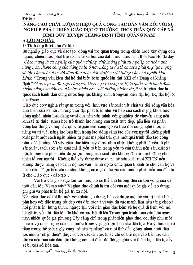Nâng cao chất lượng hiệu quả cong tác dân vận đối với sự nghiệp phát triển giáo dục ở trường thcs trần quý cáp xã bình quý huyện thăng bình tỉnh quảng nam