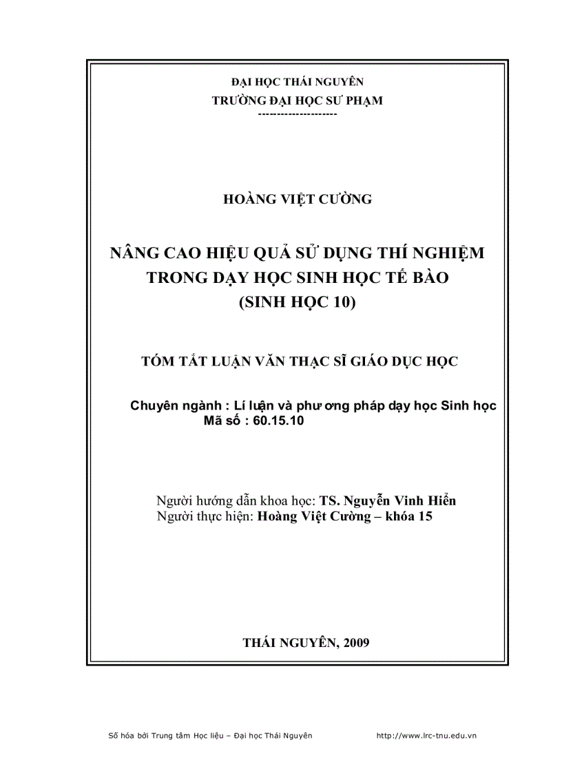 Nâng cao hiệu quả sử dụng thí nghiệm trong dạy học sinh học tế bào Sinh học 10