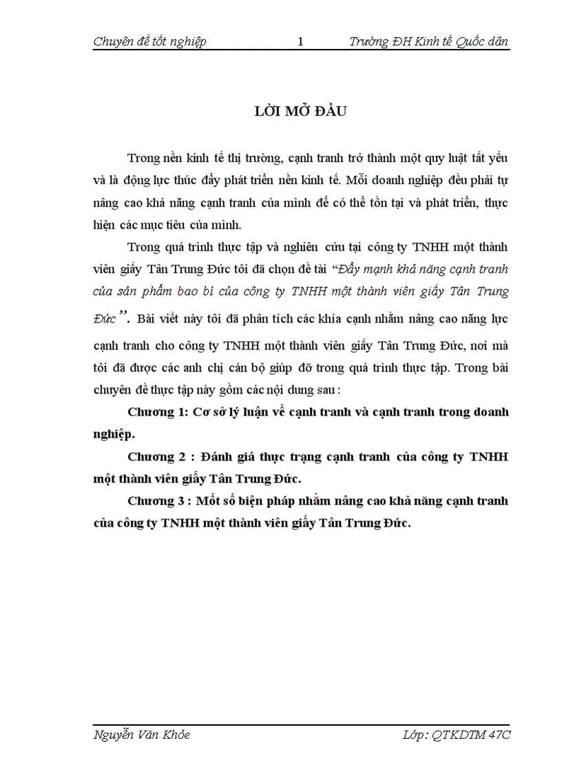 Đẩy mạnh khả năng cạnh tranh của sản phẩm bao bì của công ty TNHH một thành viên giấy Tân Trung Đức