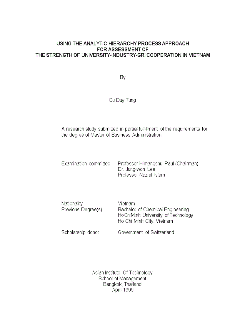 Using the analytic hierarchy process approach for assessment of the strength of university industry gri cooperation in vietnam