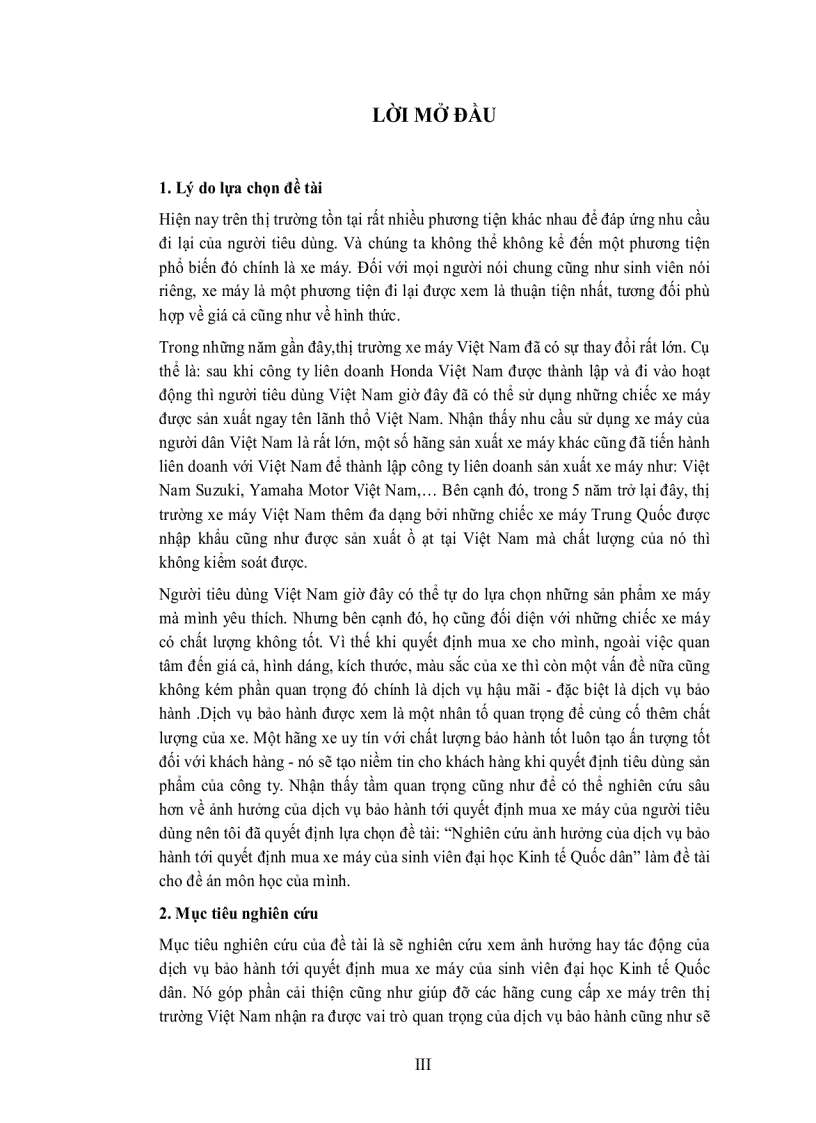 Nghiên cứu ảnh hưởng của dịch vụ bảo hành tới quyết định mua xe máy của sinh viên đại học Kinh tế Quốc dân