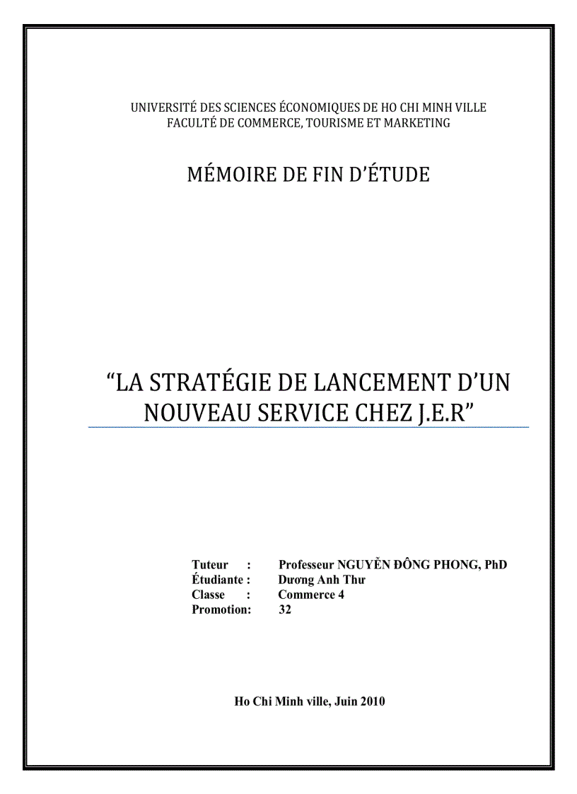 Chuyên đề tiếng Pháp La stratégie de lancement D un nouveau service chez J E R