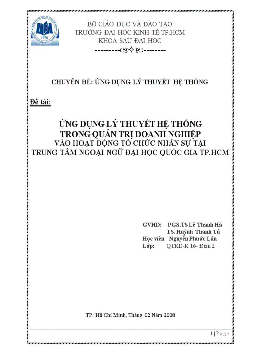 Ứng dụng lý thuyết hệ thống trong quản trị doanh nghiệp vào hoạt động tổ chức nhân sự tại trung tâm đại học ngoại ngữ đại học quốc gia TPHCM