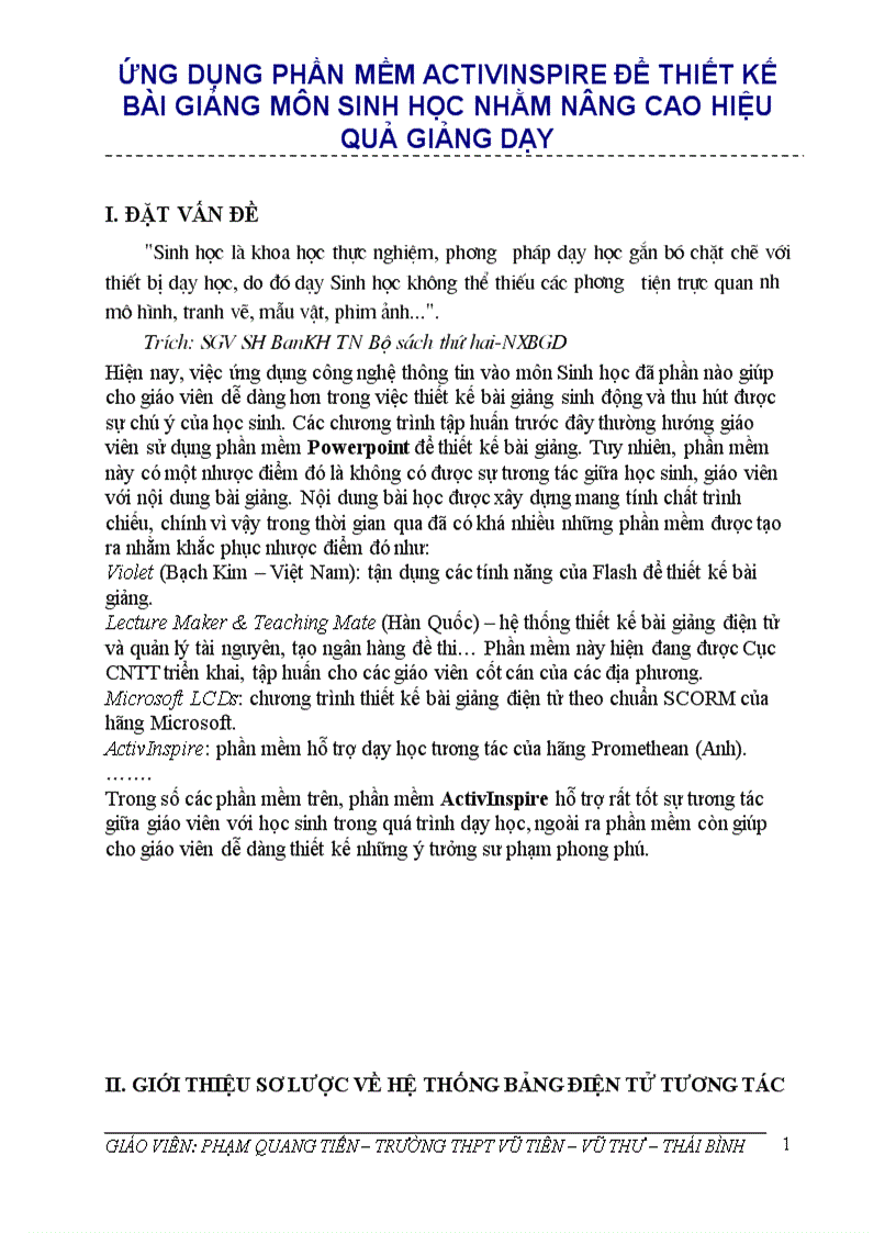 Ứng dụng phần mềm activinspire để thiết kế bài giảng môn sinh học nhằm nâng cao hiệu quả giảng dạy