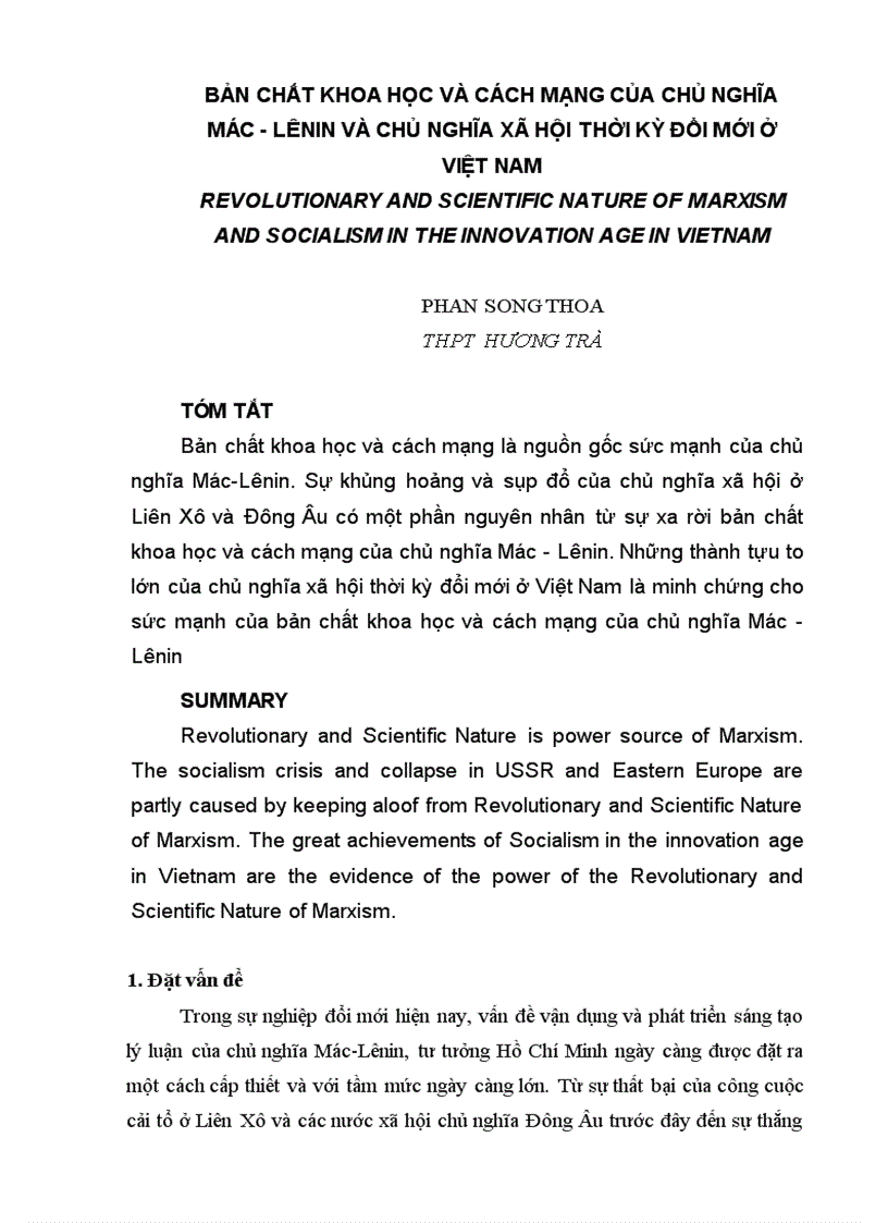Bản chất khoa học và cách mạng của chủ nghĩa mác lênin và chủ nghĩa xã hội thời kỳ đổi mới ở việt nam