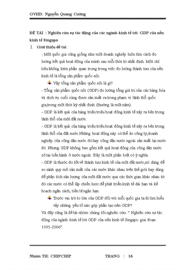 Nghiên cứu sự tác động của các ngành kinh tế tới GDP của nền kinh tế Singapo
