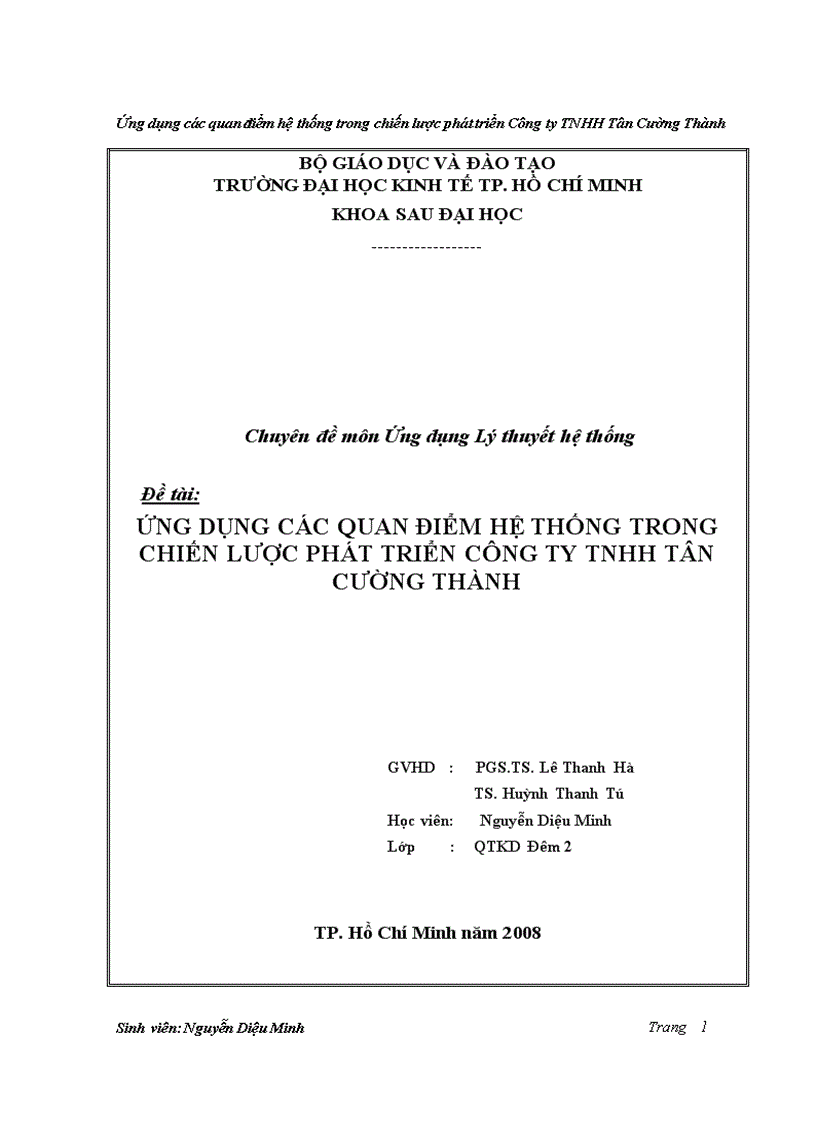 Ứng dụng các quan điểm hệ thống trong chiến lược phát triển công ty TNHH Tân Cường Thành