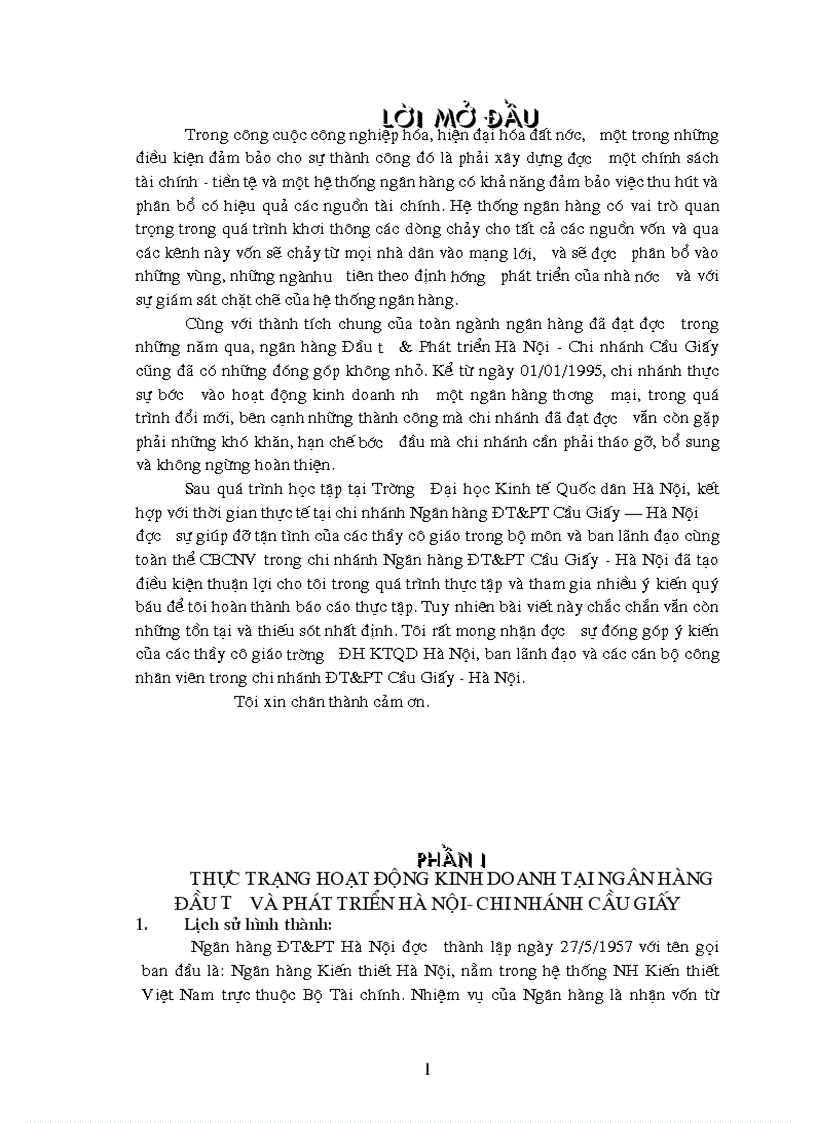 Báo cáo thực tập tại ngân hàng Đầu tư Phát triển Hà Nội Chi nhánh Cầu Giấy