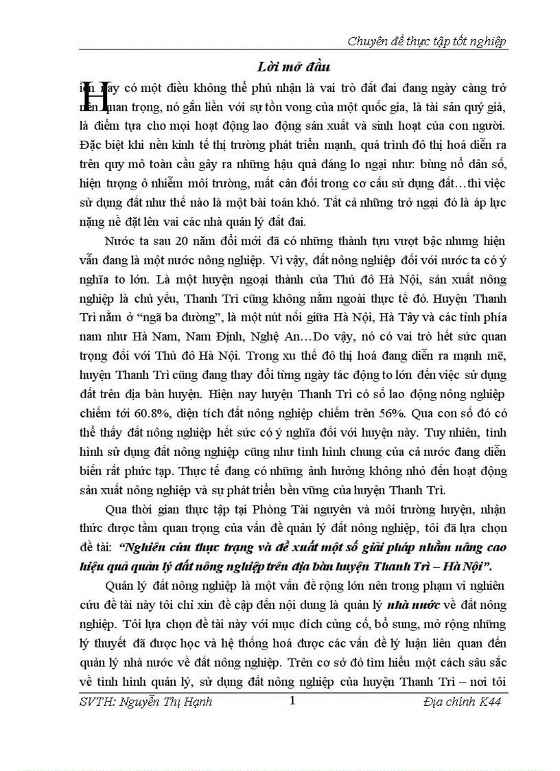 Nghiên cứu thực trạng và đề xuất một số giải pháp nhằm nâng cao hiệu quả quản lý đất nông nghiệp trên địa bàn huyện Thanh Trì Hà Nội