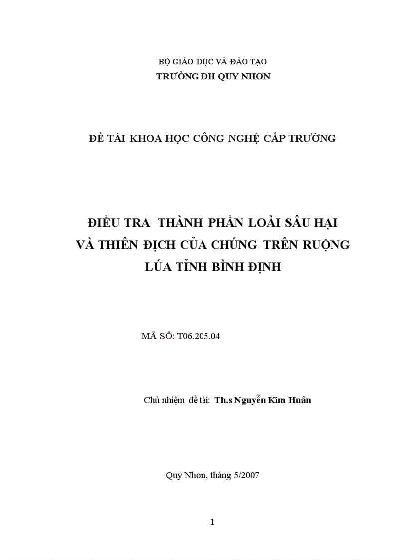 Điều tra thành phần loài sâu hại và thiên địch của chúng trên ruộng lúa tỉnh bình định