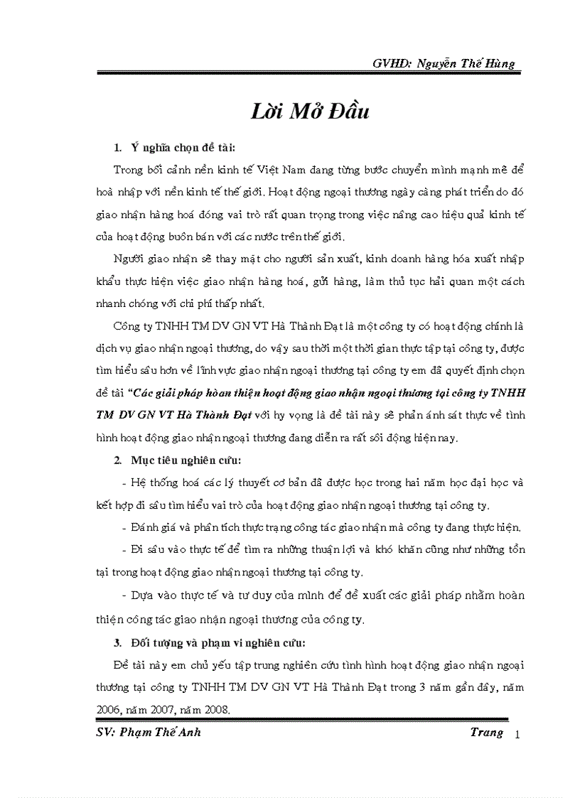 Các giải pháp hoàn thiện hoạt động giao nhận ngoại thương tại công ty TNHH thương mại DV GN VT Hà Thành Đạt Đề tài năm 2010