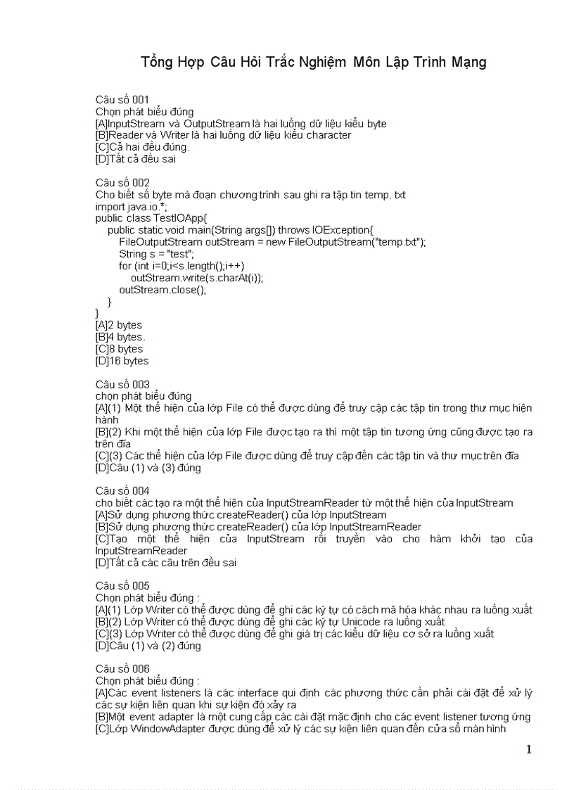 Tổng Hợp Câu Hỏi Trắc Nghiệm Môn Lập Trình Mạng