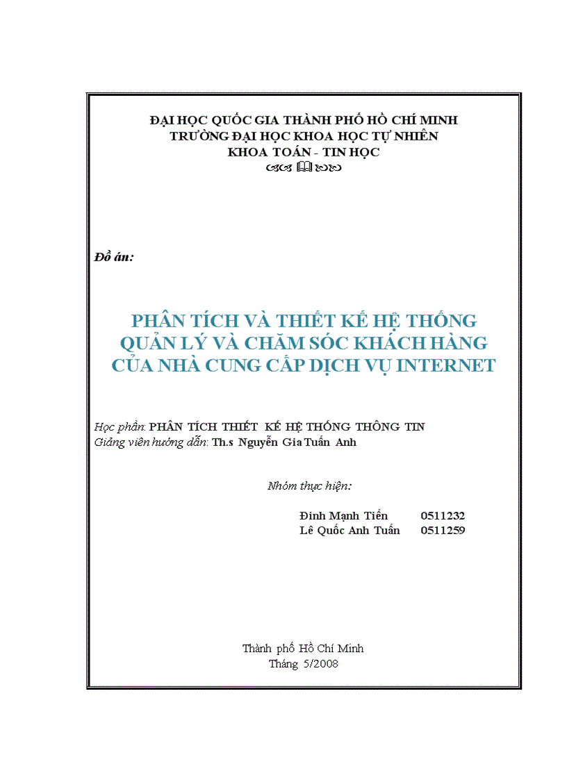 Phân tích và thiết kế hệ thống quản lý và chăm sóc khách hàng của nhà cung cấp dịch vụ internet