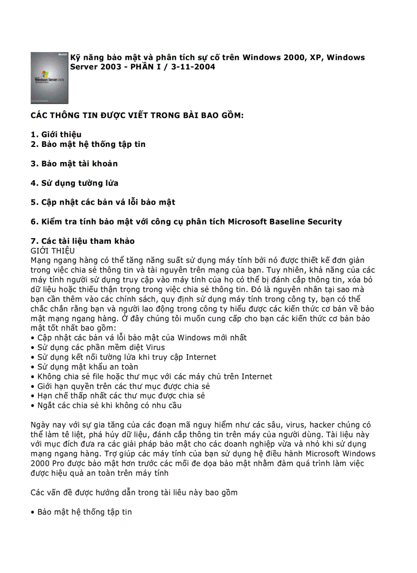 Kỹ năng bảo mật và phân tích sự cố trên Windows 2000 XP Windows