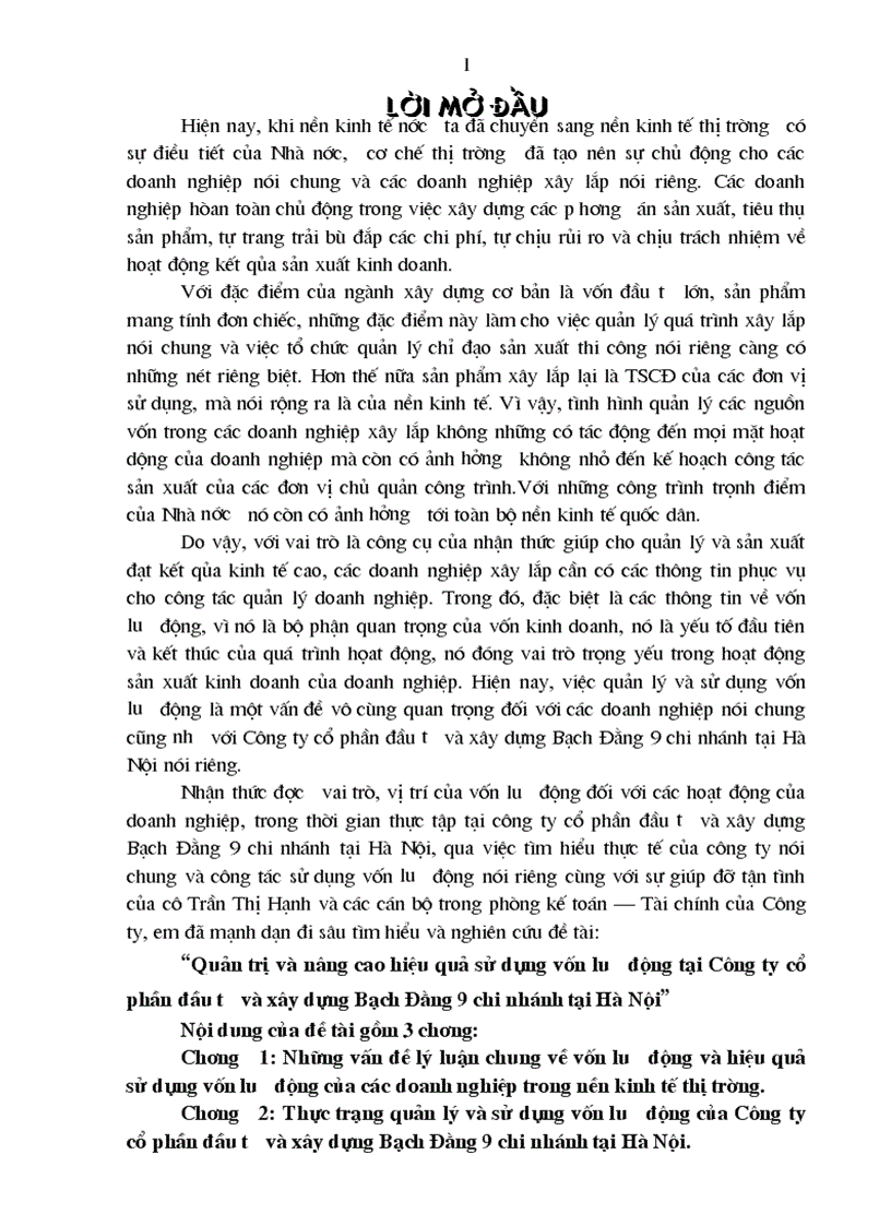 Quản trị và nâng cao hiệu quả sử dụng vốn lưu động tại Công ty cổ phần đầu tư và xây dựng Bạch Đằng 9 chi nhánh tại Hà Nội