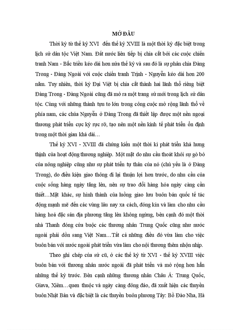 Nghiên cứu điều kiện phát triển ngoại thương ở Đàng Trong từ cuối thế kỷ XVI Đầu thế kỷ XVIII