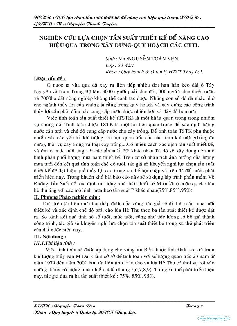 Nghiên cứu lựa chọn tần suất thiết kế để nâng cao hiệu quả trong xây dựng quy hoạch các công trình thủy lợi