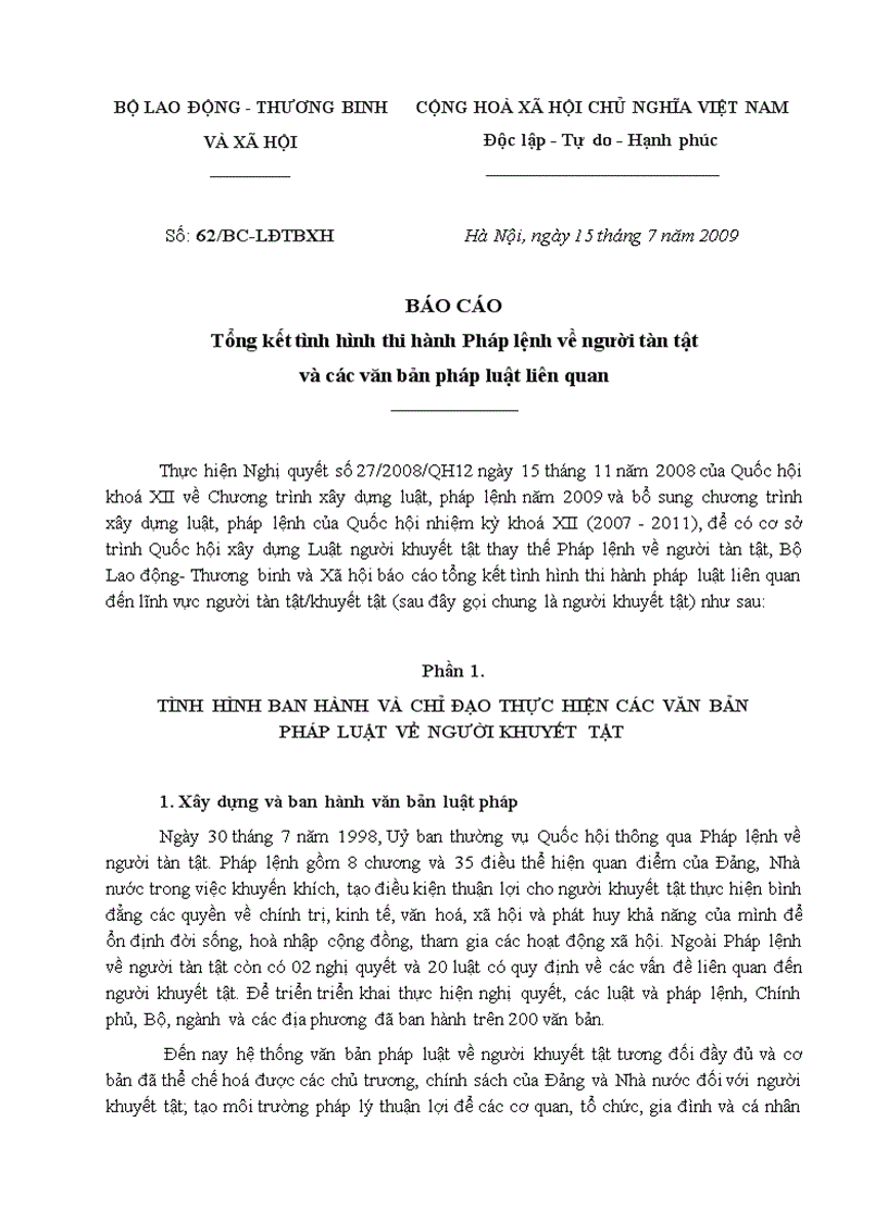 Tổng kết tình hình thi hành Pháp lệnh về người tàn tật