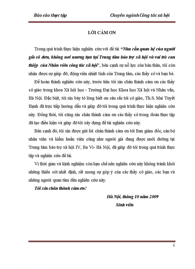 Báo cáo thực tập Nhu cầu quan hệ của người già cô đơn không nơi nương tựa tại Trung tâm bảo trợ xã hội và vai trò can thiệp của Nhân viên công tác xã hội