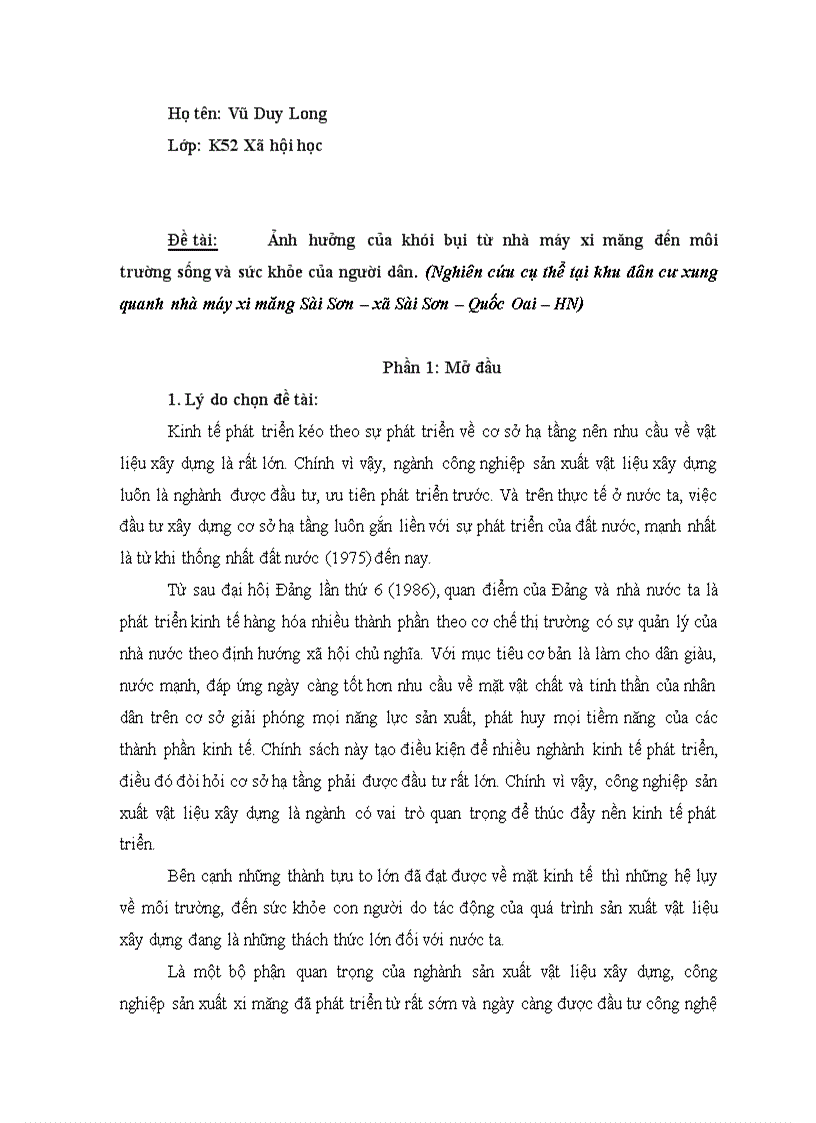 Tác động của khói bụi công nghiệp đến môi trường sống của người dân nghiên cứu cụ thể tại HN