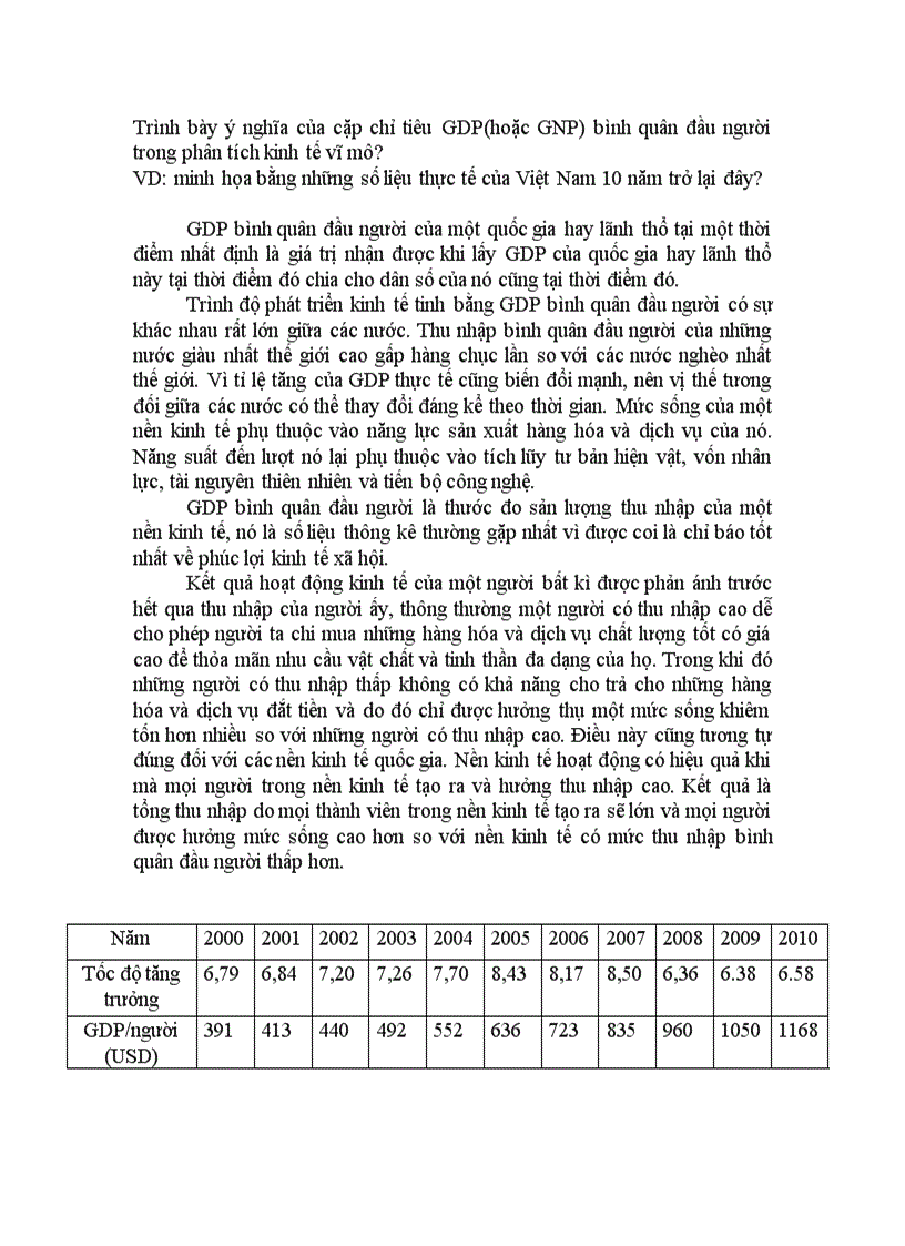 Trình bày ý nghĩa của cặp chỉ tiêu GDP GNP bình quân đầu người trong phân tích kinh tế vĩ mô VD minh họa bằng những số liệu thực tế của Việt Nam 10 năm trở lại đây