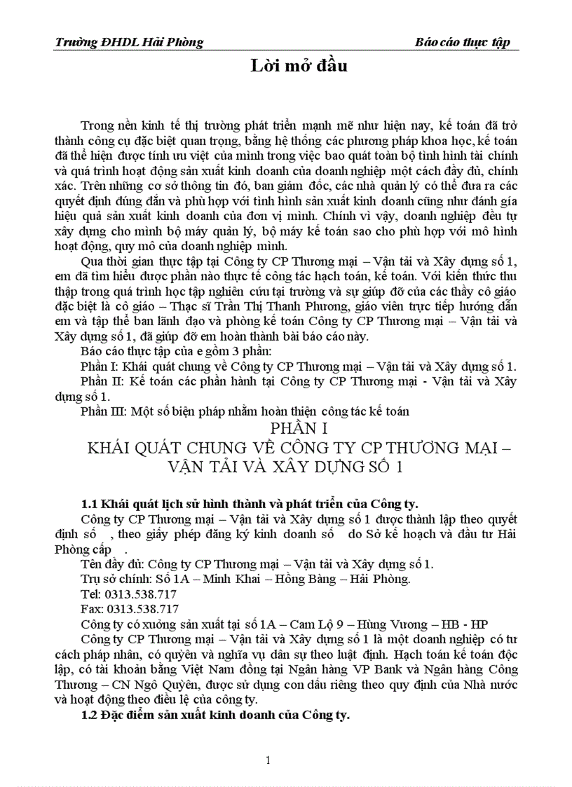Thực tập tốt nghiệp Kế toán các phần hành tại Công ty CP Thương mại Vận tải và Xây dựng số 1 Hải Phòng