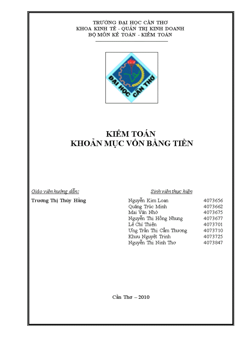 Kiểm toán khoản mục tiền vốn bằng tiền tại công ty cổ phần nước giải khát chương dương