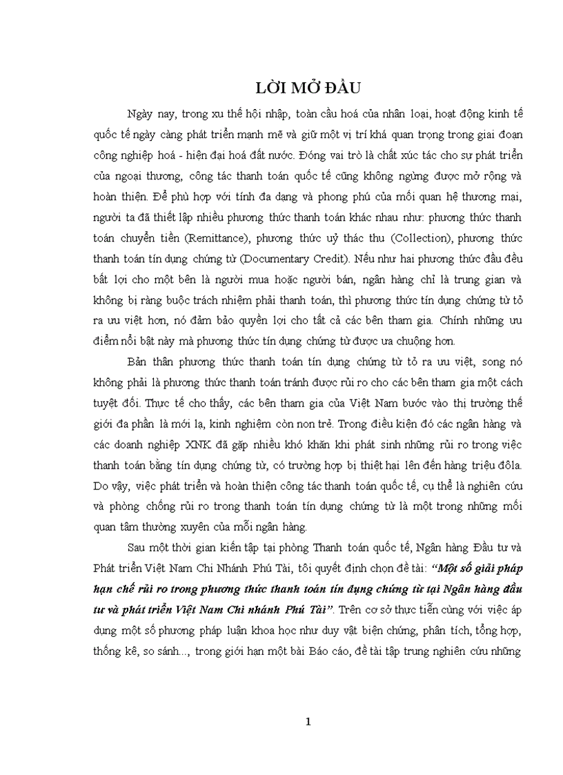 Một số giải pháp hạn chế rủi ro trong phương thức thanh toán tín dụng chứng từ tại Ngân hàng đầu tư và phát triển Việt Nam Chi nhánh Phú Tài