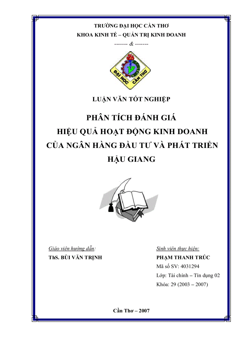 Phân tích đánh giá hiệu quả hoạt động kinh doanh của ngân hàng đầu tư và phát triển hậu giang