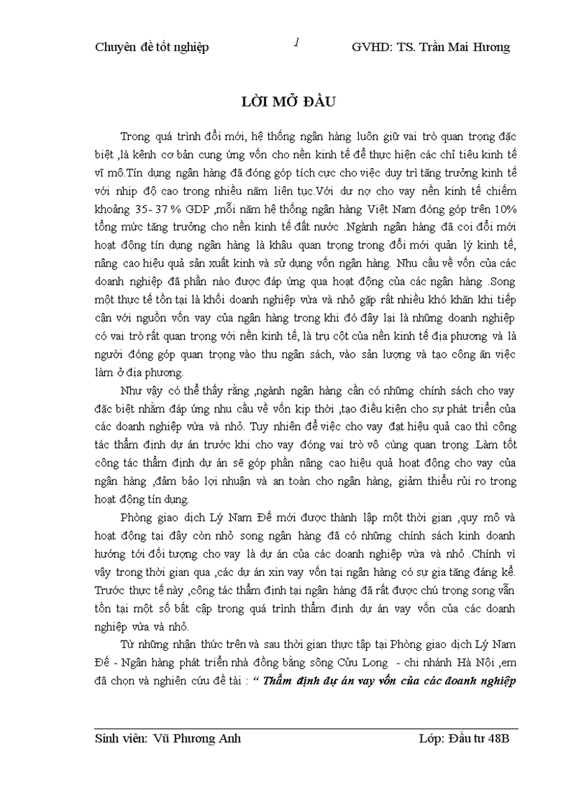 Thẩm định dự án vay vốn của các doanh nghiệp vừa và nhỏ tại Ngân hàng phát triển nhà đồng bằng sông Cửu Long chi nhánh Hà Nội Phòng giao dịch Lý Nam Đế Thực trạng và giải pháp
