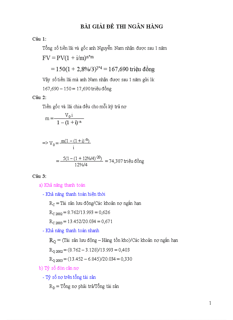 Một số bài giải mẫu đề thi ngân hàng