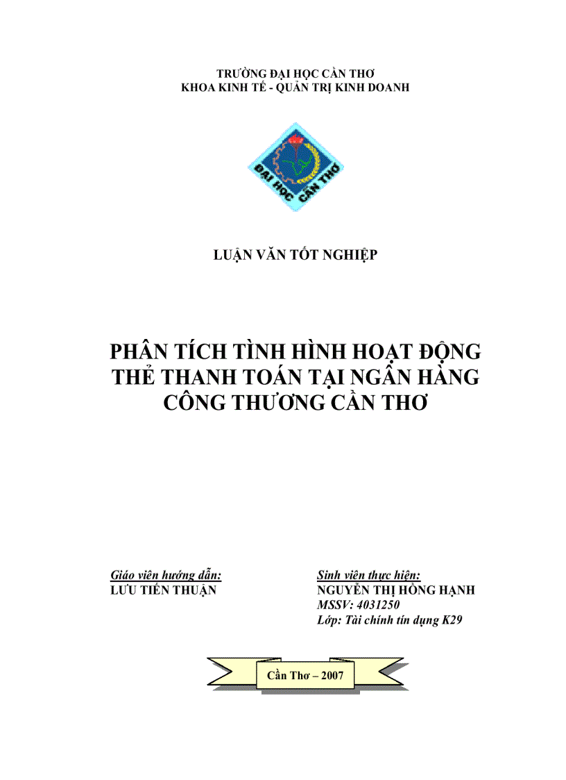 Phân tích tình hình hoạt động thẻ thanh toán tại ngân hàng công thương Cần Thơ