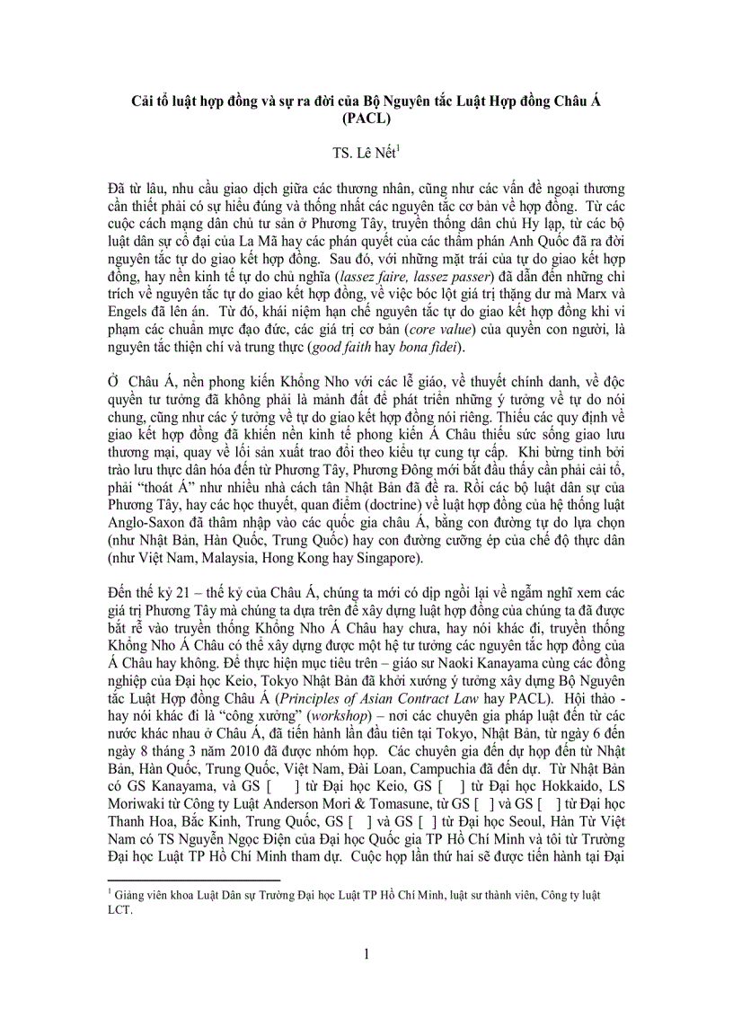 Cải tổ luật hợp đồng và sự ra đời của Bộ Nguyên tắc Luật Hợp đồng Châu Á PACL TS Lê Nết
