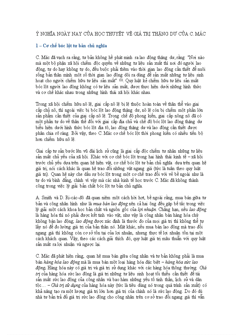 Ýnghĩa ngày nay của học thuyết về giá trị thặng dư của c Mác