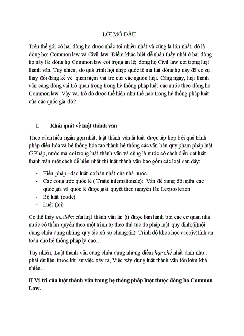 Luật so sánh vai trò của luật thành văn trong hệ thống các nước thuộc dòng họ Common law bài được 8 điểm