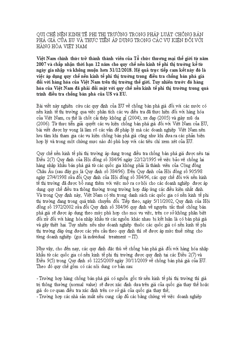 Qui chế nền kinh tế phi thị trường trong pháp luật chống bán phá giá của eu và thực tiễn áp dụng trong các vụ kiện đối với hàng hóa việt nam
