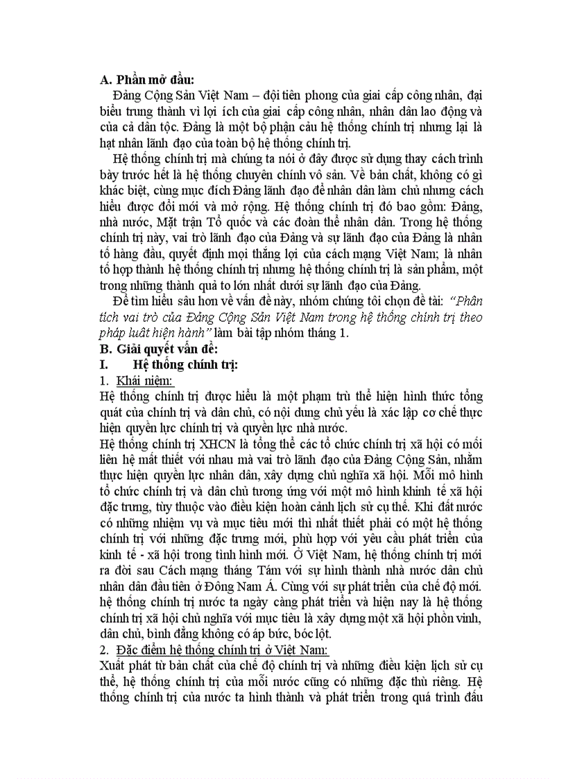 Luật Hiến Pháp Bt Nhóm 1 8đ Phân tích vai trò của Đảng Cộng Sản Việt Nam trong hệ thống chính trị theo pháp luât hiện hành