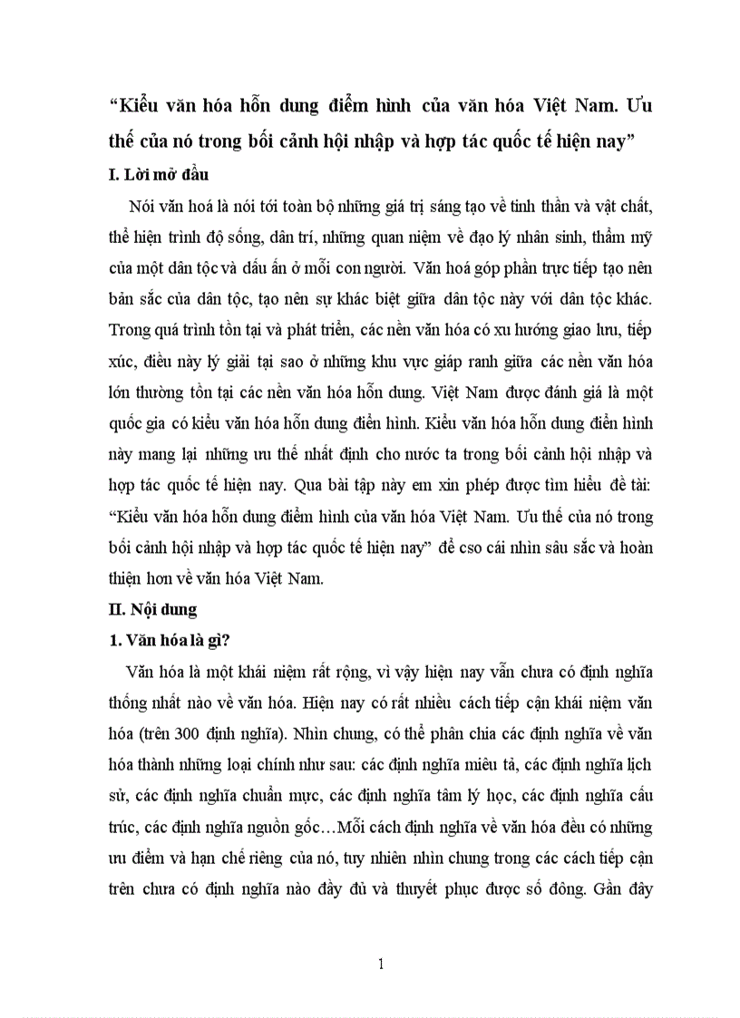 Kiểu văn hóa hỗn dung điểm hình của văn hóa Việt Nam Ưu thế của nó trong bối cảnh hội nhập và hợp tác quốc tế hiện nay