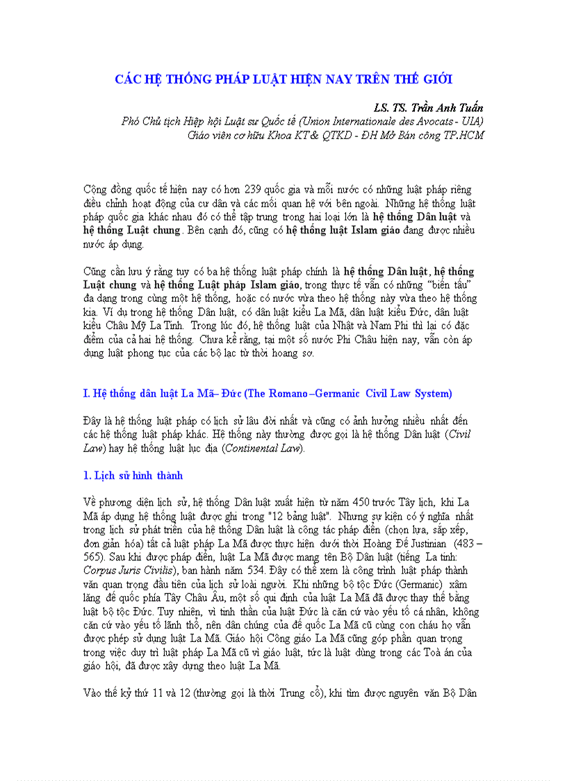 Các hệ thống pháp luật hiện nay trên thế giới