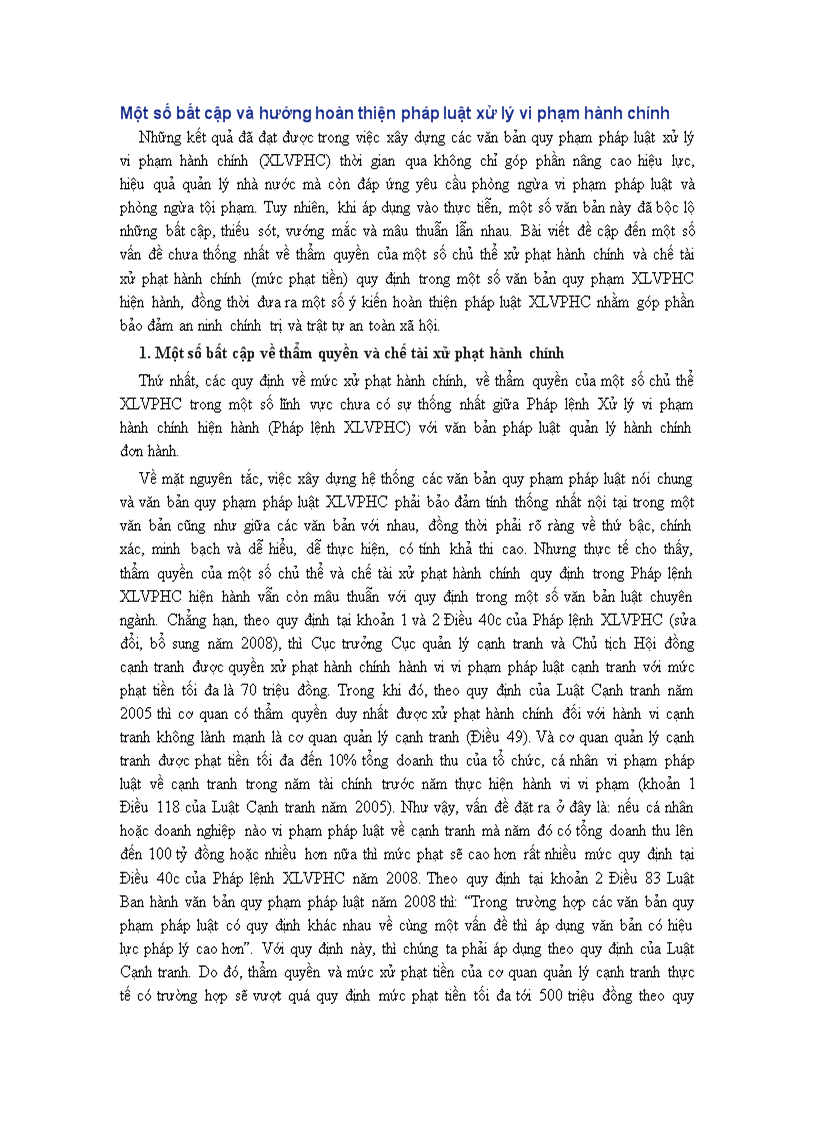 Một số bất cập và hướng hoàn thiện pháp luật xử lý vi phạm hành chính