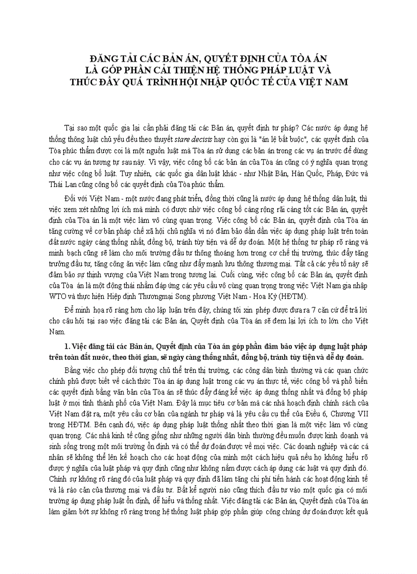 Tại sao đăng tải các bản án quyết định của tòa án là góp phần cải thiện hệ thống pháp luật và thúc đẩy quá trình hội nhập quốc tế của việt nam