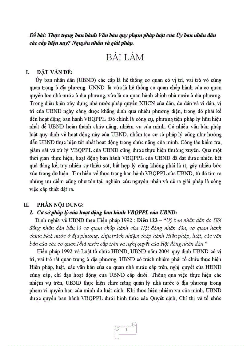 Thực trạng ban hành Văn bản quy phạm pháp luật của Ủy ban nhân dân các cấp hiện nay Nguyên nhân và giải pháp