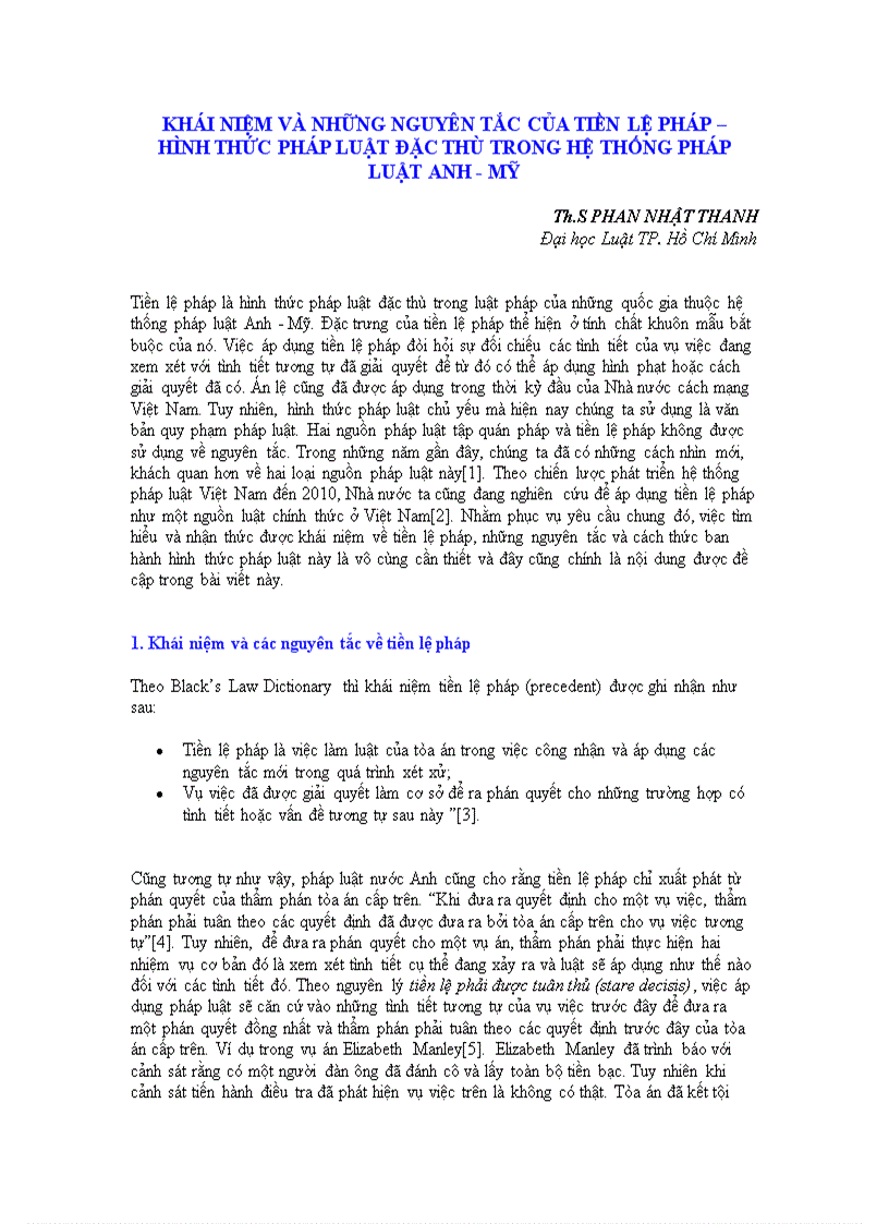 Khái niệm và những nguyên tắc của tiền lệ pháp hình thức pháp luật đặc thù trong hệ thống pháp luật anh mỹ