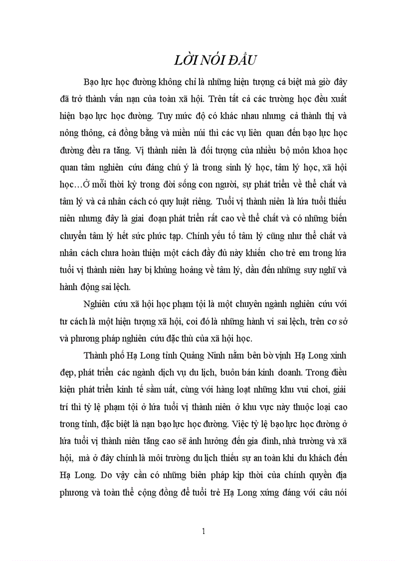 Thực trạng về bạo lực học đường ở lứa tuổi vị thành niên tại thành phố Hạ Long tỉnh Quảng Ninh