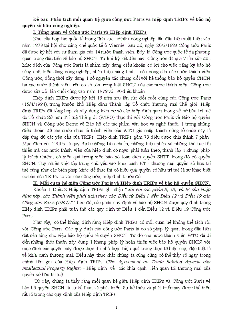 Phân tích mối quan hệ giữa công ước Paris và hiệp định TRIPs về bảo hộ quyền sở hữu công nghiệp
