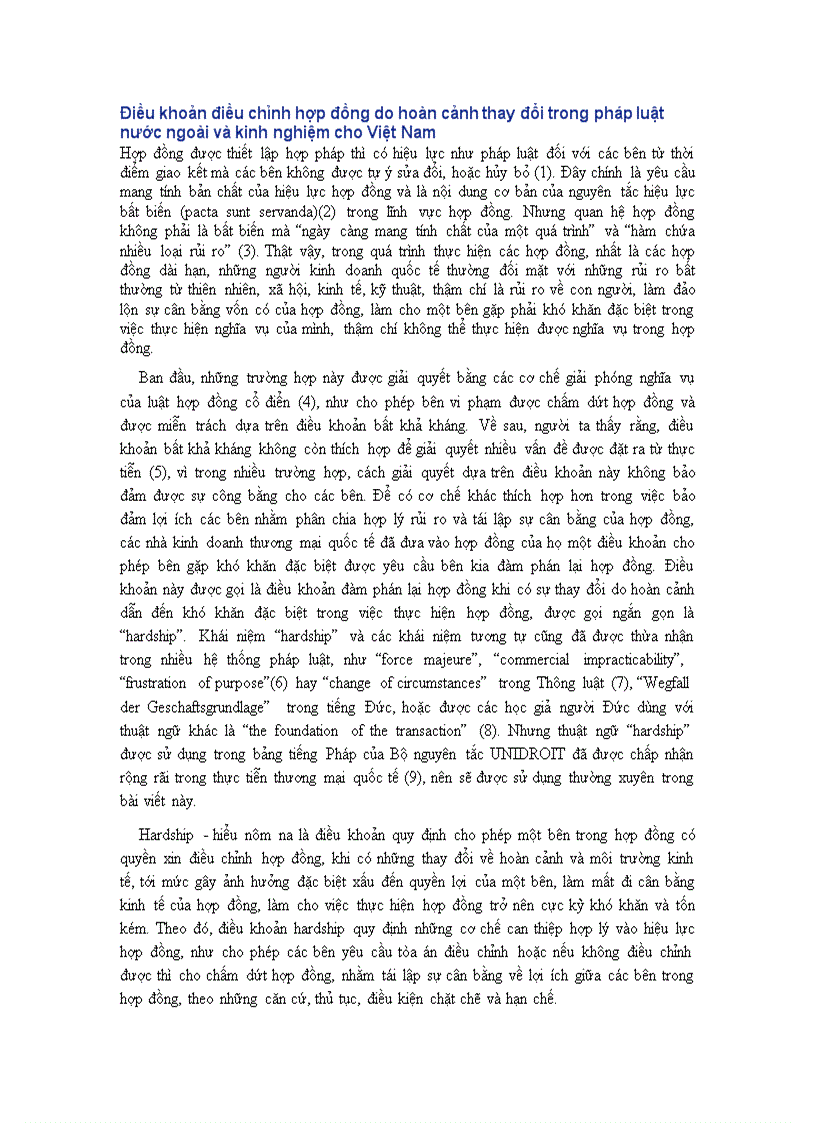 Phân tích Điều khoản điều chỉnh hợp đồng do hoàn cảnh thay đổi trong pháp luật nước ngoài và kinh nghiệm cho Việt Nam