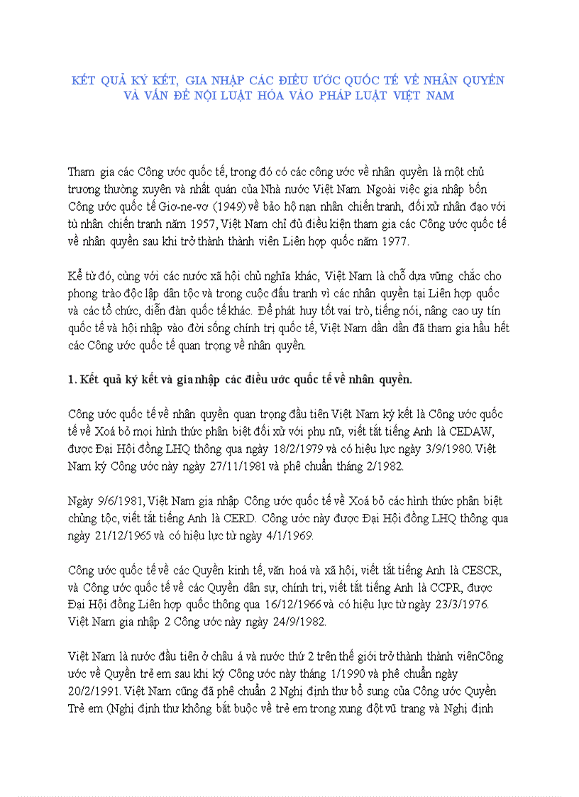 Kết quả ký kết gia nhập các điều ước quốc tế về nhân quyền và vấn đề nội luật hóa vào pháp luật việt nam