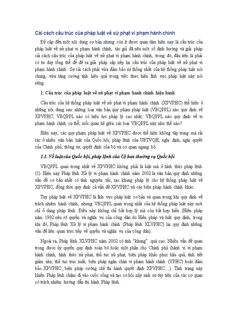 Vấn đề cải cách cấu trúc của pháp luật về xử phạt vi phạm hành chính