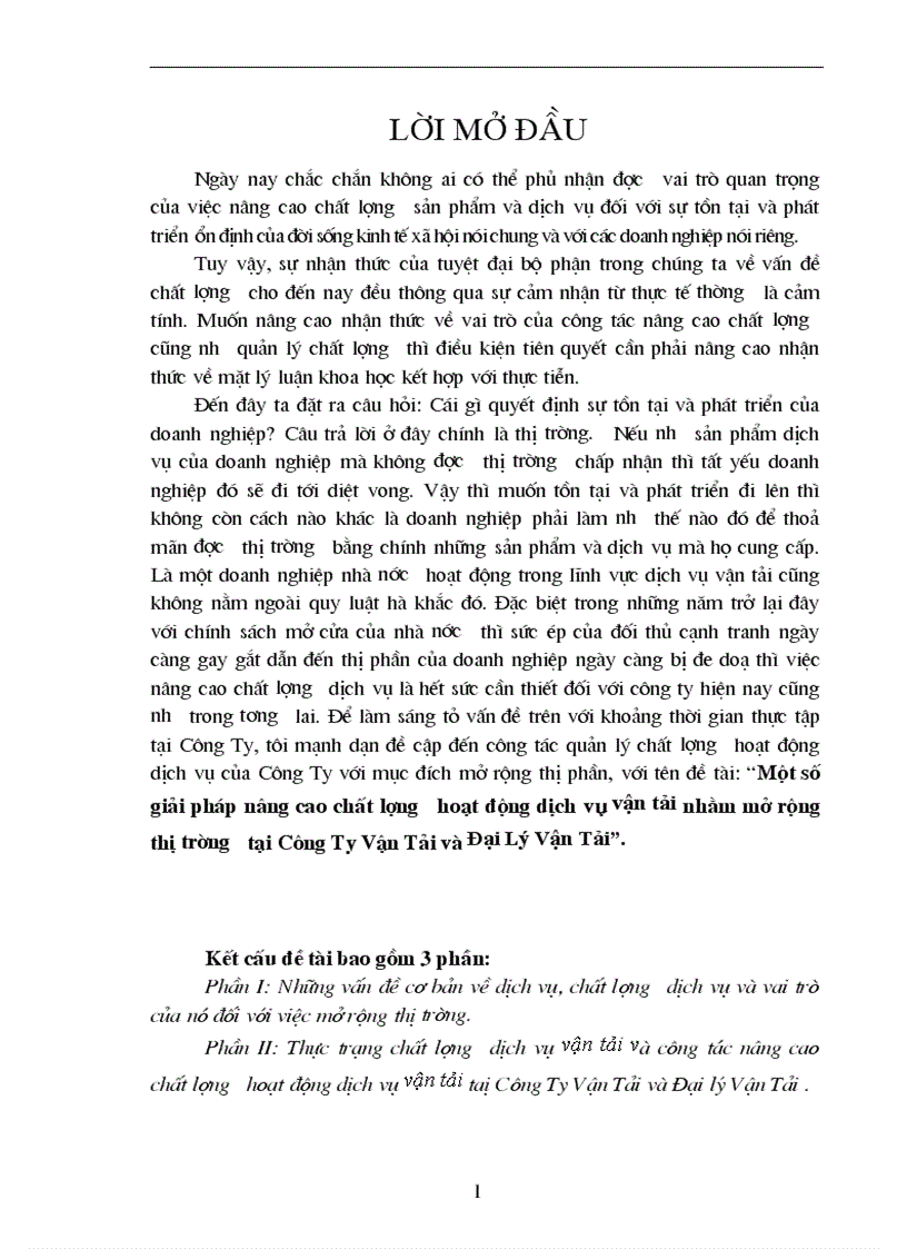 Giải pháp nâng cao chất lượng dịch vụ vận tải nhằm mở rộng thị trường tại công ty vận tải đại lý vận tải