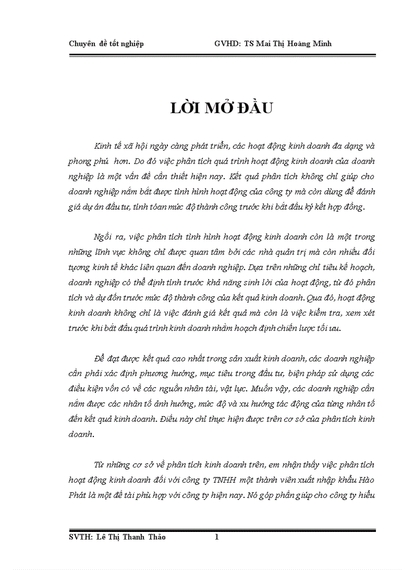 Phân tích hoạt động kinh doanh đối với công ty TNHH một thành viên xuất nhập khẩu Hào Phát
